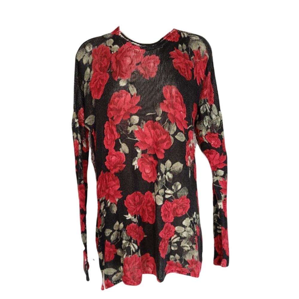 Show me your Mumu black red green oversized floral knit long sleeve top size xs